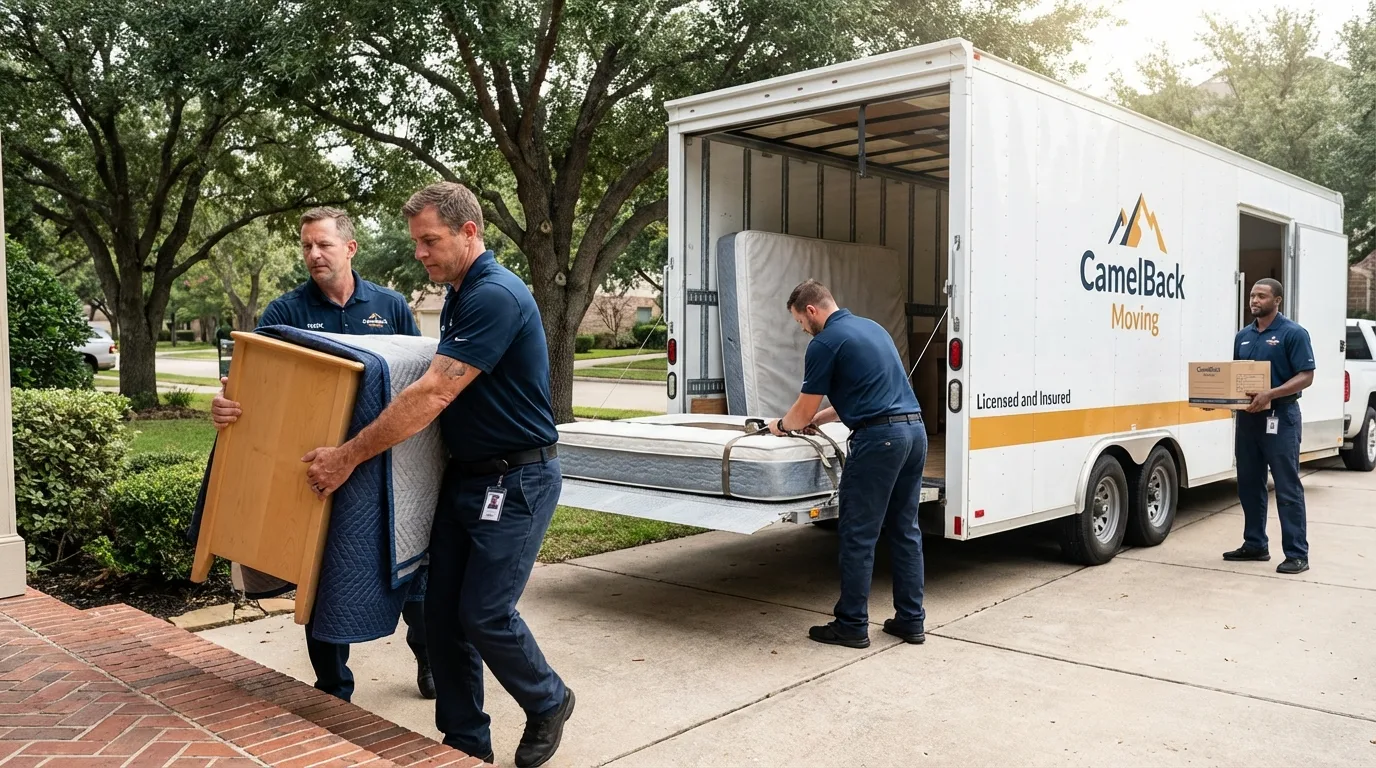 Crew loading residential truck for cross-state move from Bath, MI