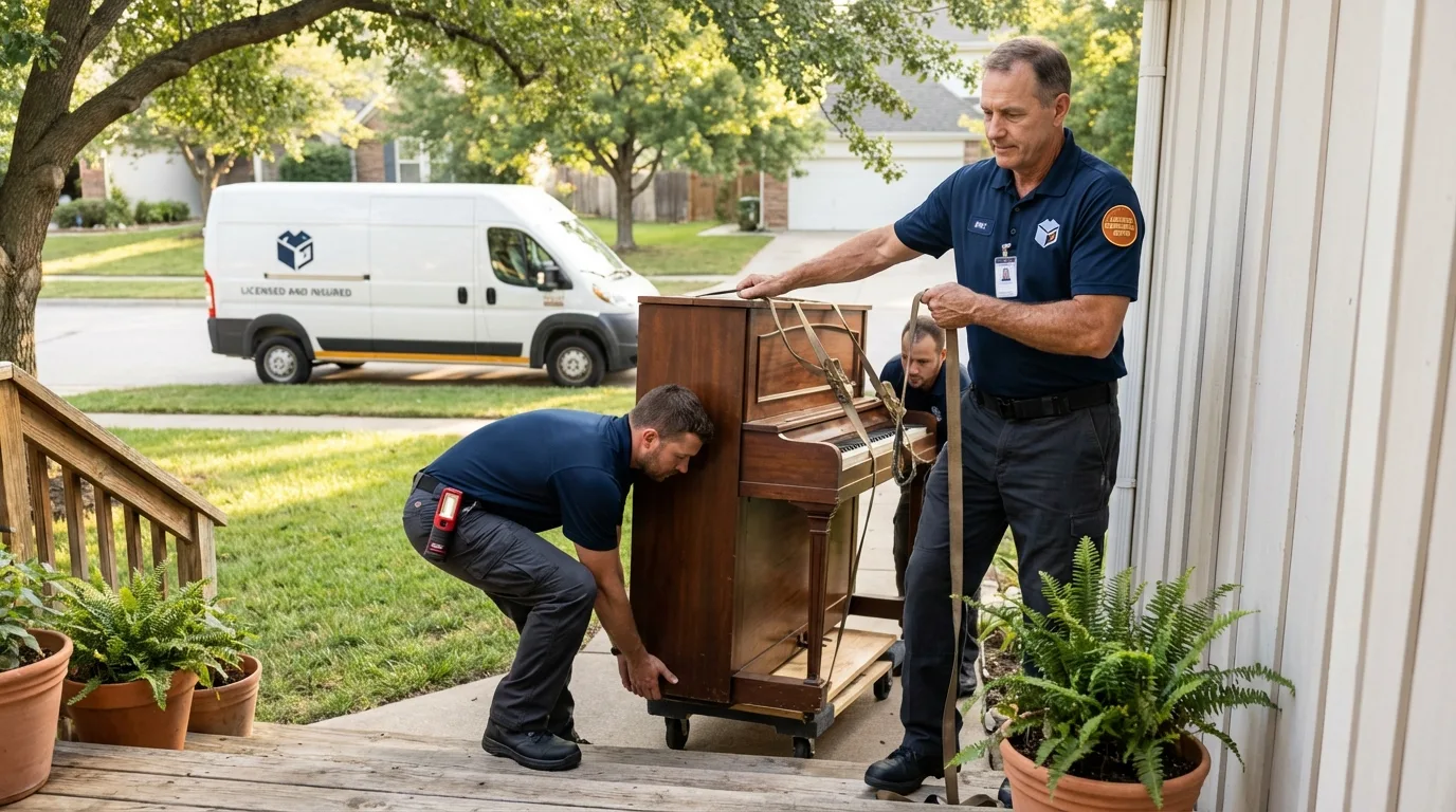 Licensed piano movers securing grand piano in Bath, MI