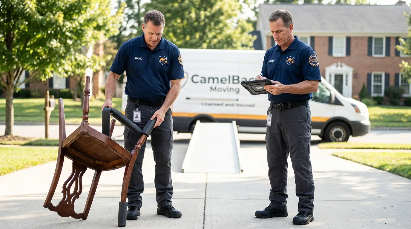 Movers inspecting furniture for damage prevention before loading in Bath, MI