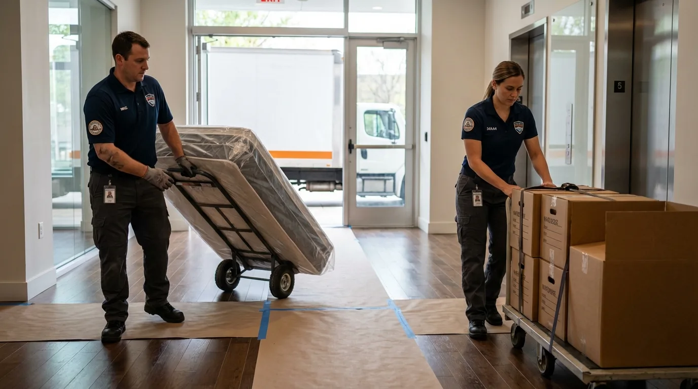 Professional apartment movers loading elevator in Bath, MI