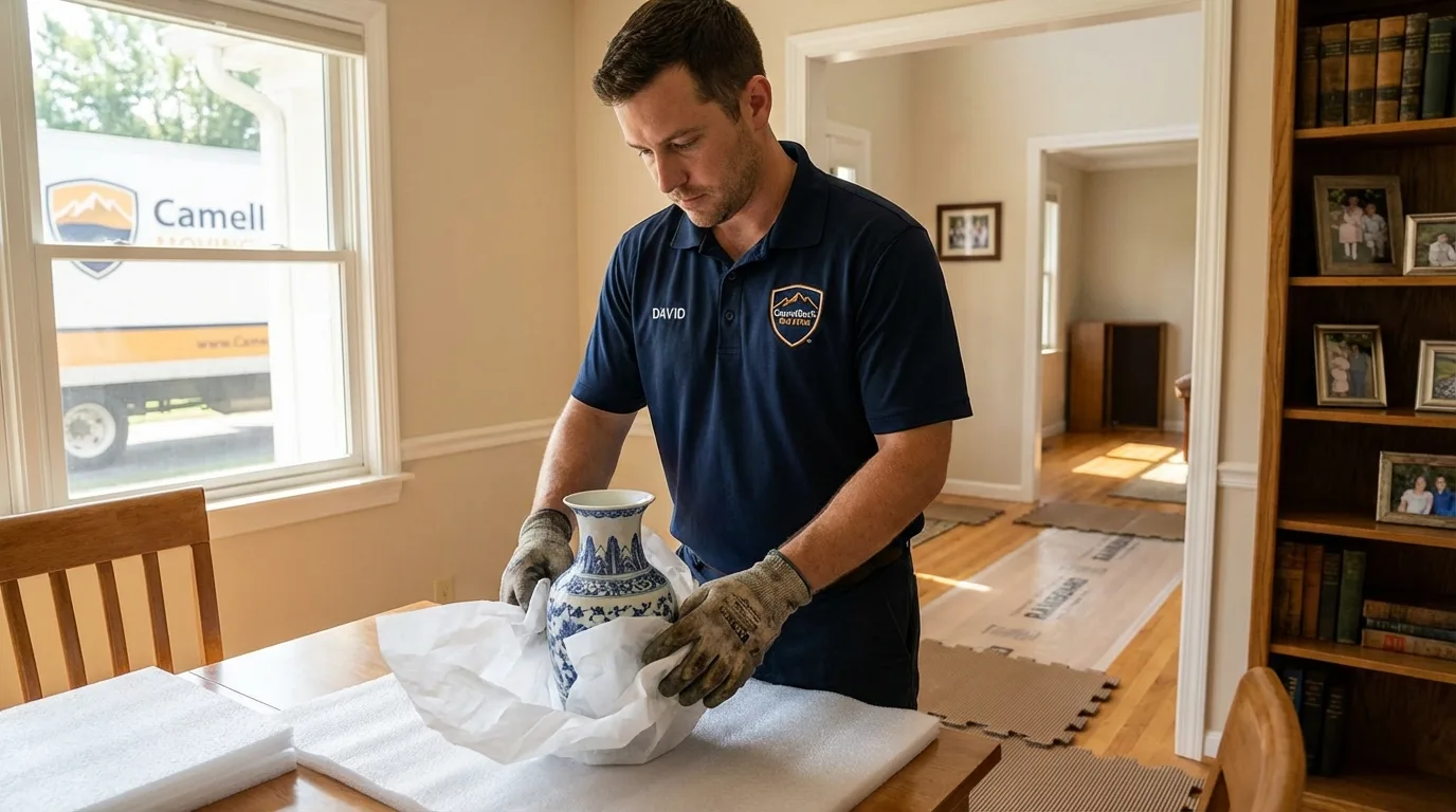 Professional crew carefully wrapping antique vase for senior downsizing move in Bath, MI
